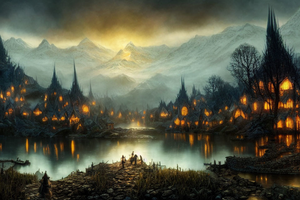 Glowing houses in mystical village by serene lake at sunset