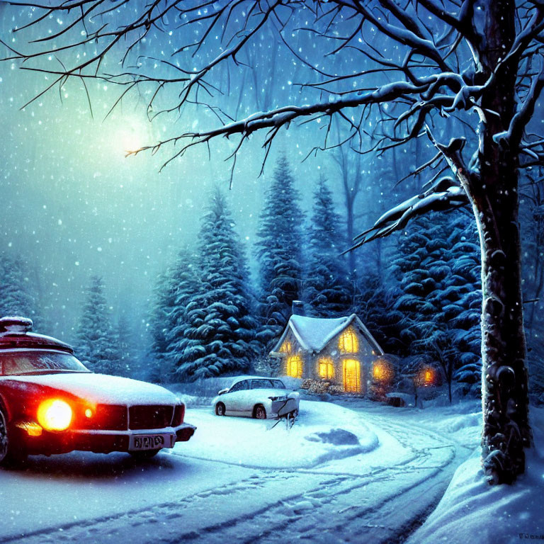 Winter Twilight: Snowy Cabin, Cars, Forest Sky