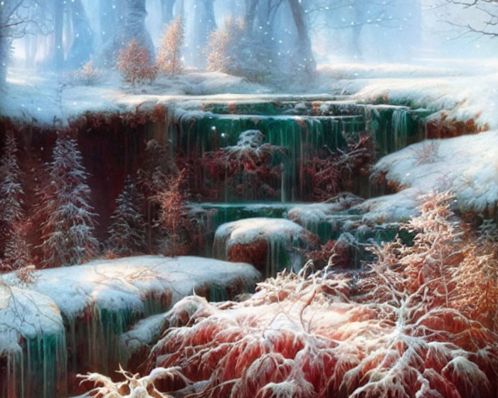 Frozen Waterfall Surrounded by Snowy Trees in Magical Winter Scene