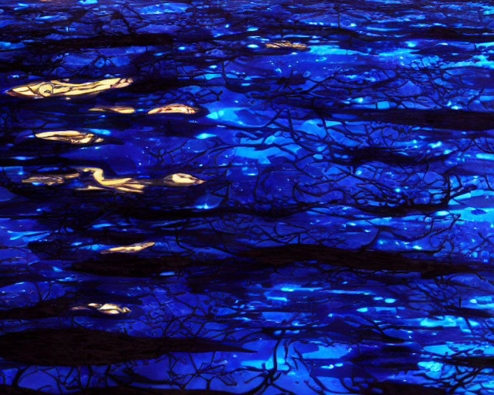 Vibrant Blue and Purple Lights Reflecting on Water Surface