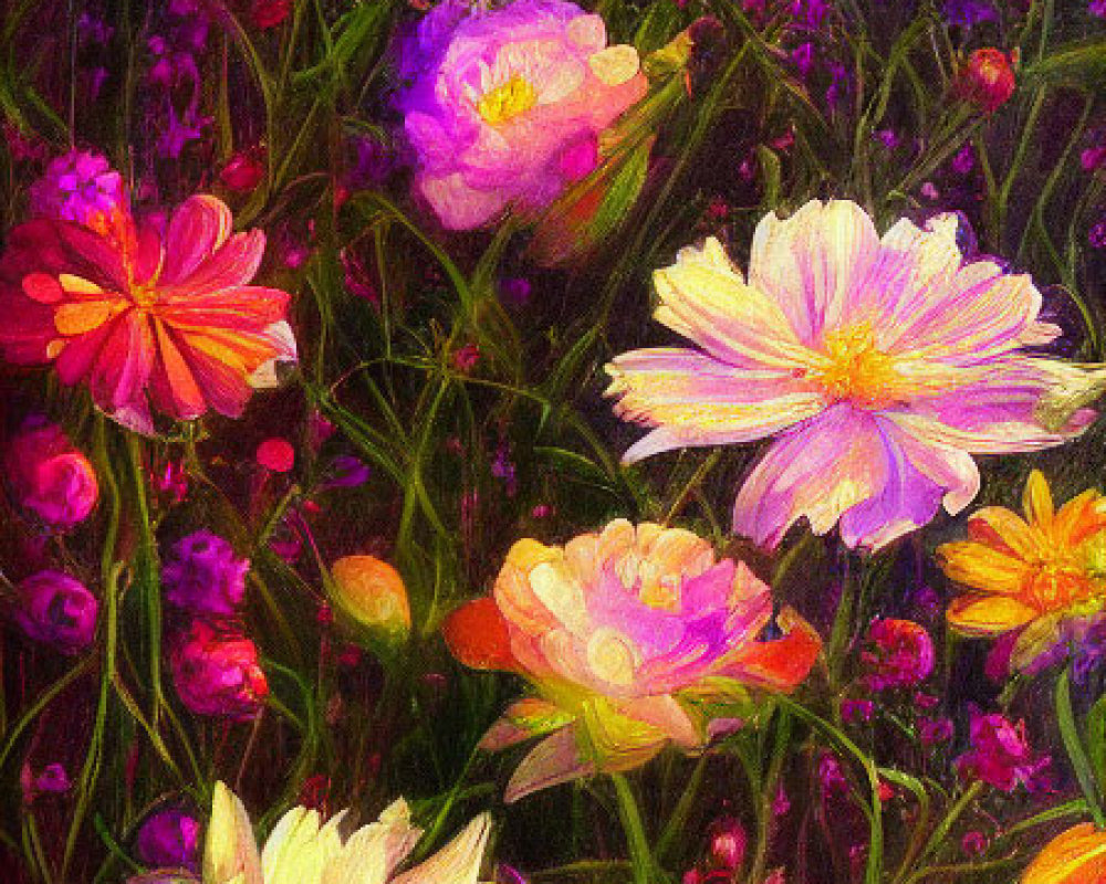 Colorful Flower Garden Painting Against Dark Background