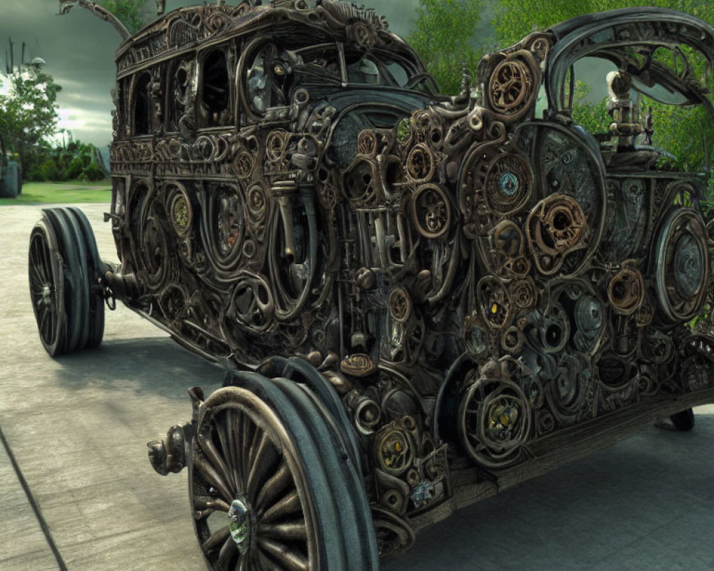 Intricately designed steampunk-style car on concrete under cloudy sky