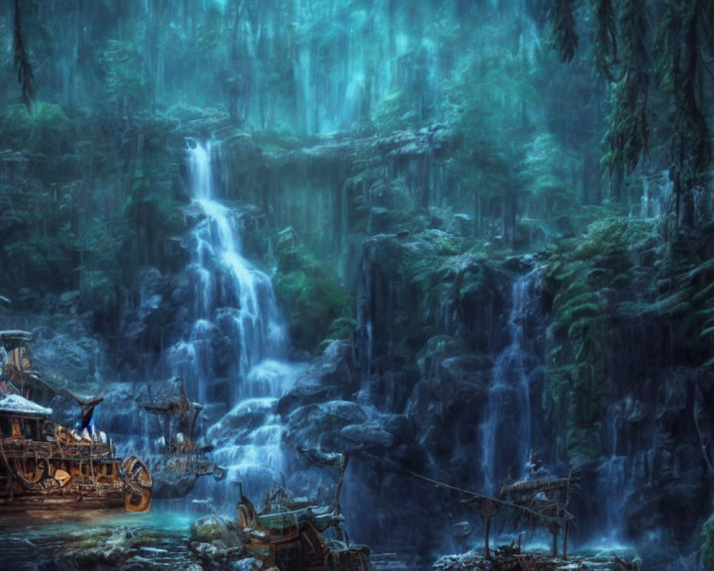 Mystical forest with waterfall, shipwreck, rocks, and lush vegetation in blue hue