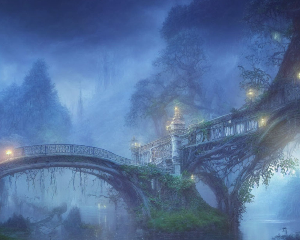 Ethereal dusk landscape with stone bridge, misty river, luminous trees, and glowing gaze