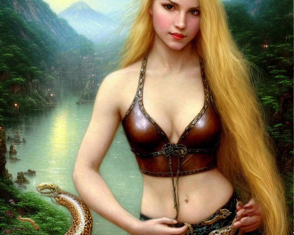 Blonde woman holding snake in fantasy landscape