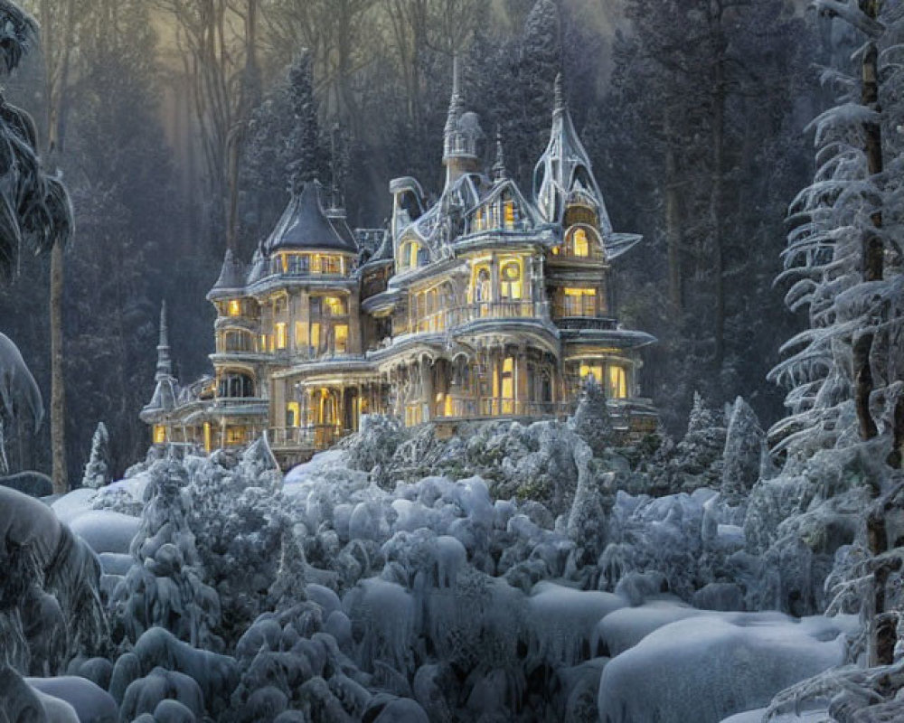 Victorian mansion in snow-covered forest at twilight