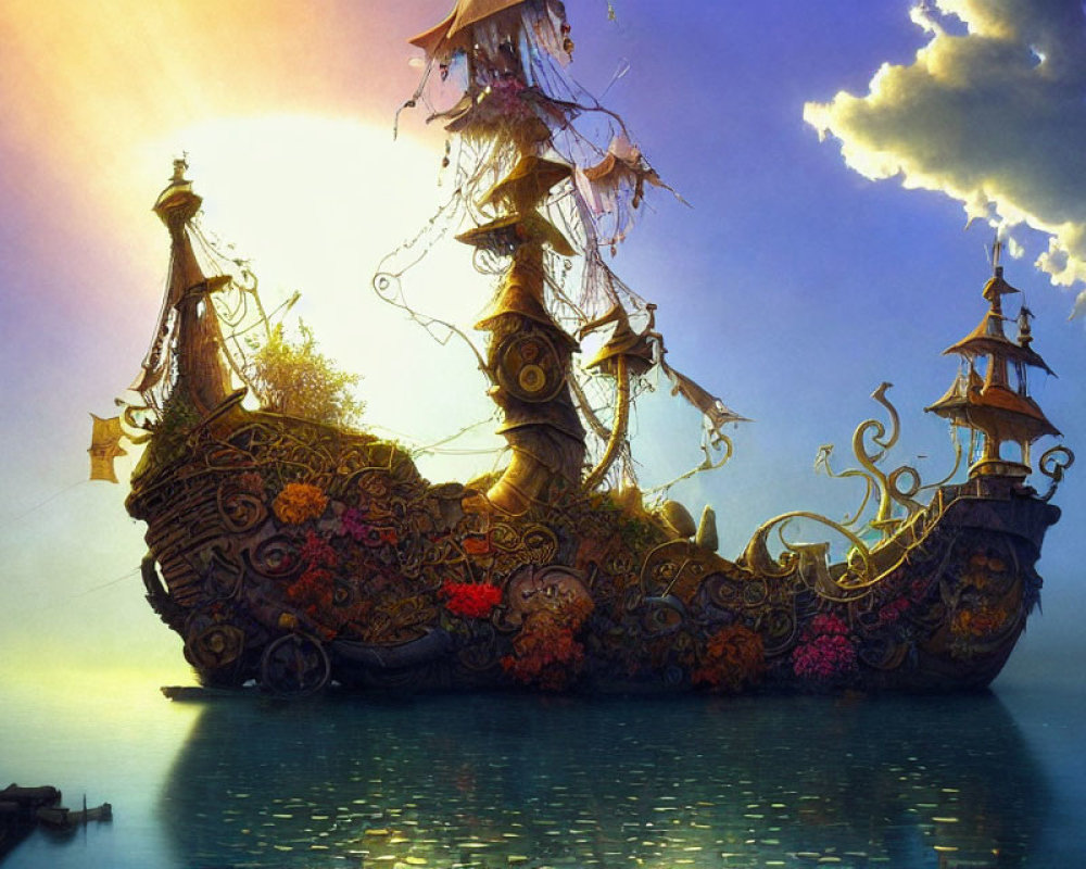 Ornate fantasy ship with floral designs under warm sunset sky