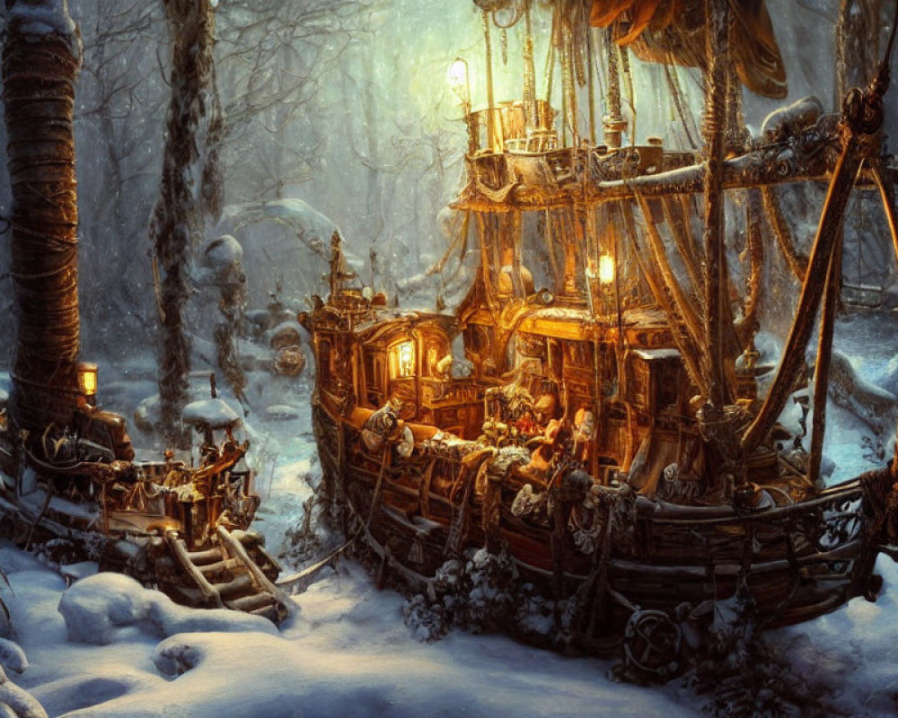 Snowy Forest Night Scene: Old Shipwreck Illuminated with Warm Light