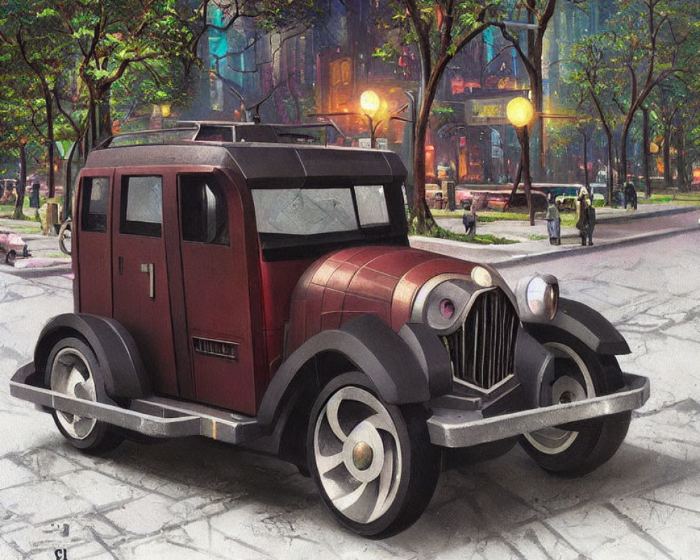 Vintage Maroon Car with White Wall Tires Parked on City Street at Dusk