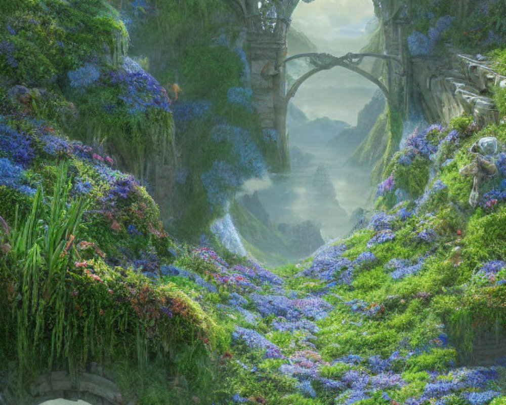 Vibrant fantasy landscape with blue flowers, green foliage, stone archways, misty mountains