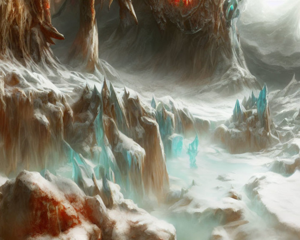 Mystical icy landscape with jagged ice formations and reddish rocky outcrops