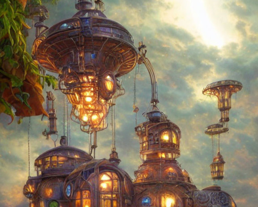 Intricate Steampunk Architecture with Glowing Lights and Lush Vegetation