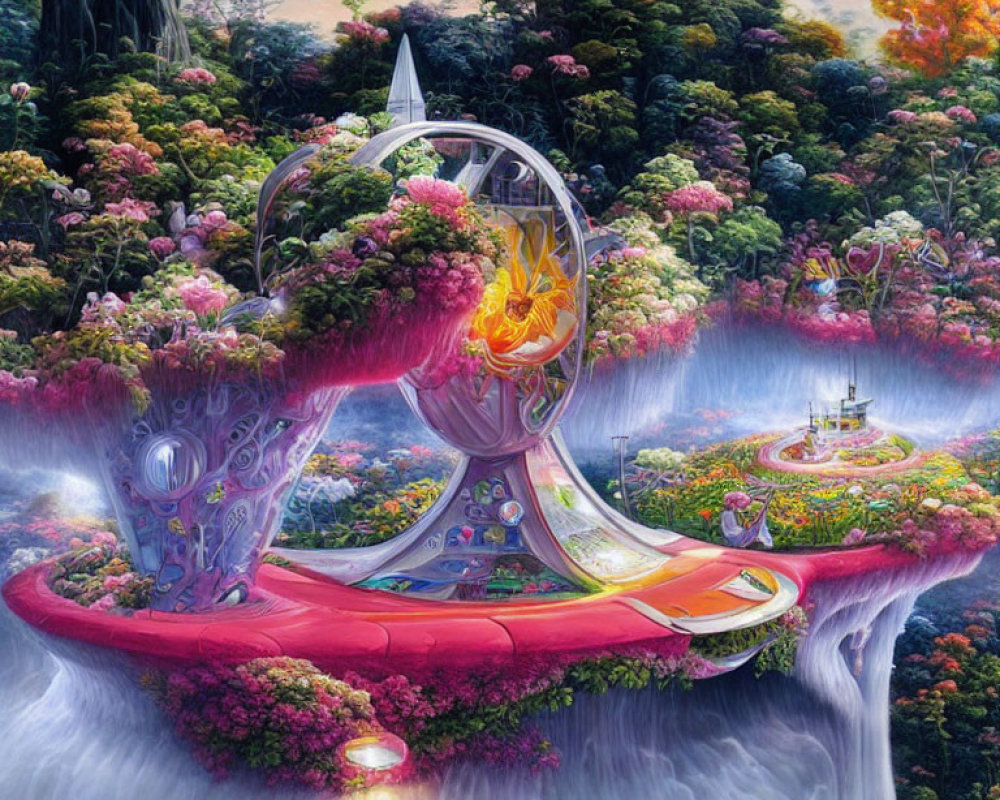 Colorful fantasy landscape with futuristic structure, lush flora, floating islands, waterfalls, and glowing sunset