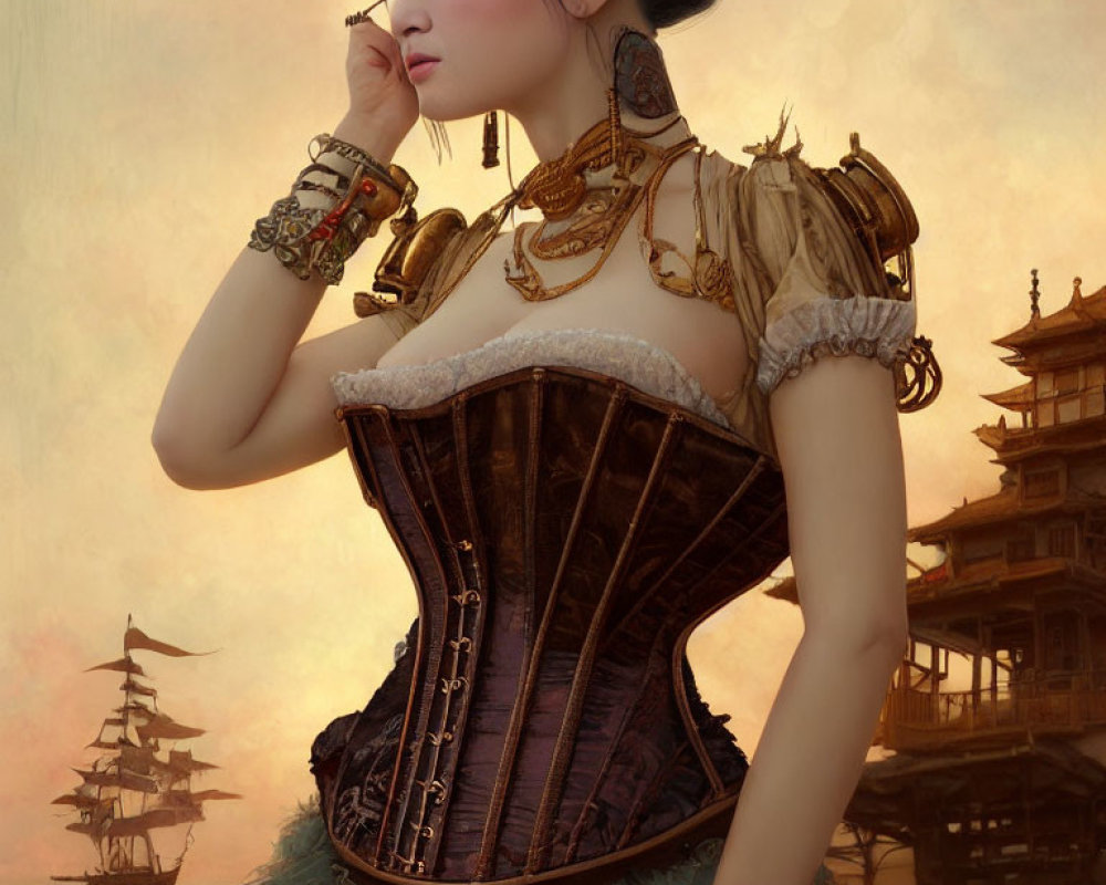 Steampunk-inspired woman in corset with ship and architecture.