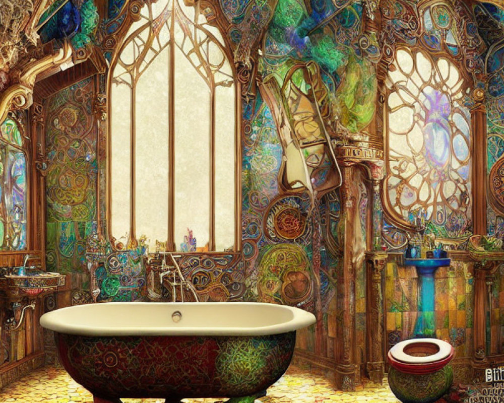 Luxurious bathroom with freestanding bathtub and stained glass windows