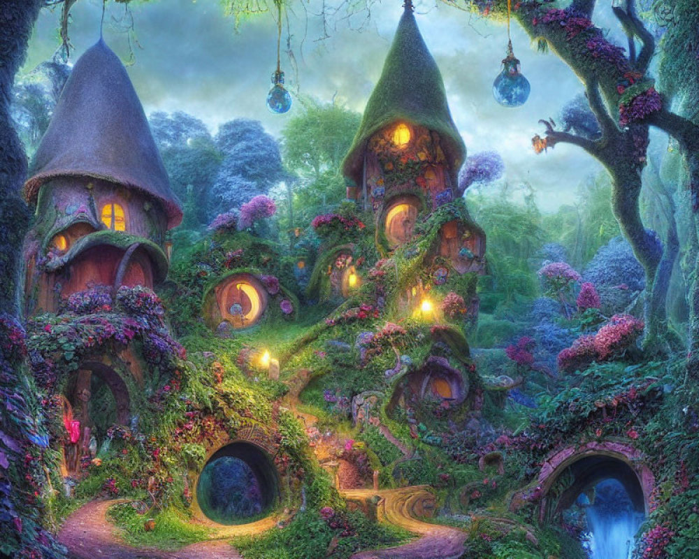 Whimsical treehouses in lush fantasy forest