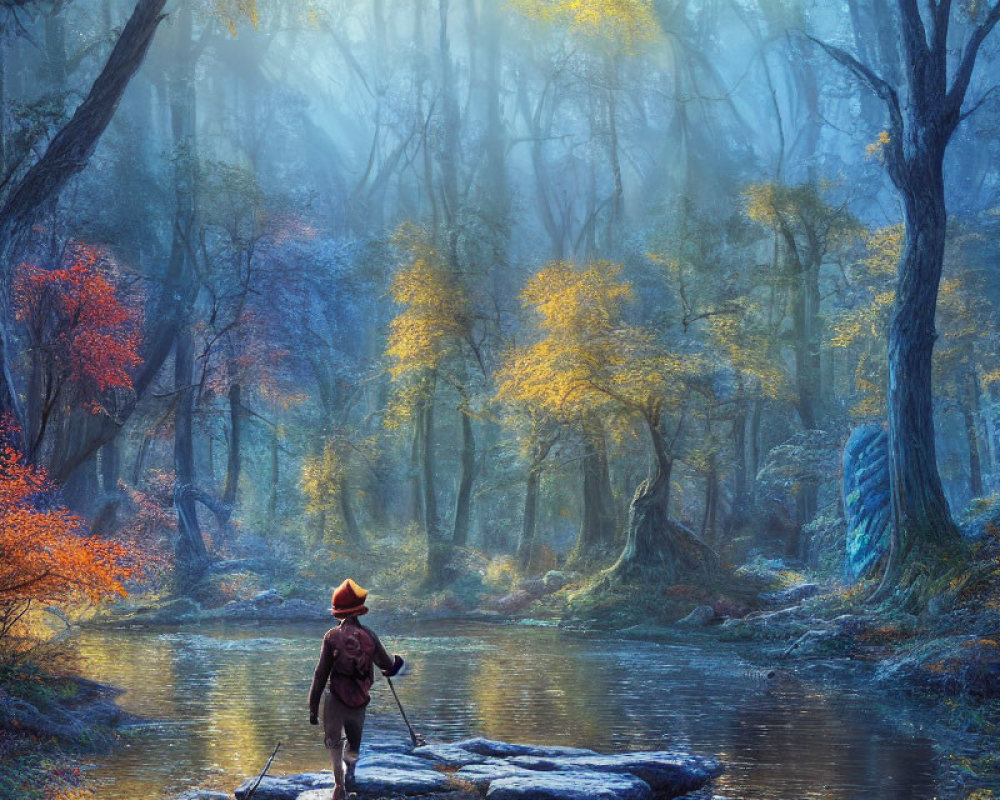 Person in hat crosses stream in mystical forest with autumn sunlight.