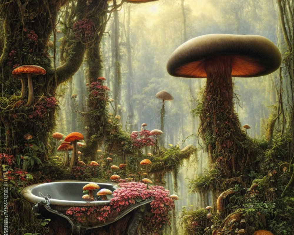 Enchanting forest scene with oversized mushrooms, bathtub, and misty ambiance