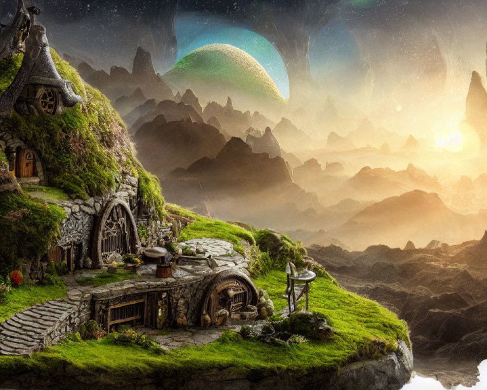 Whimsical landscape with hobbit-style house, verdant foreground, and celestial sky