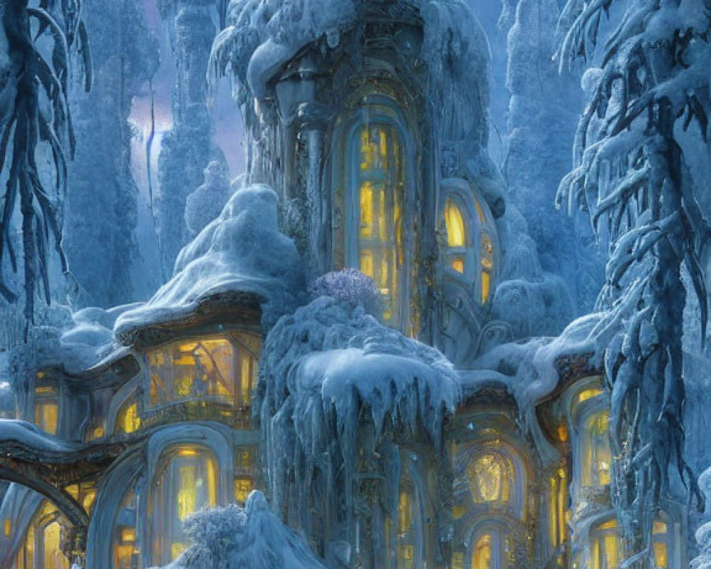 Snowy Winter Landscape with Illuminated Fantasy Building