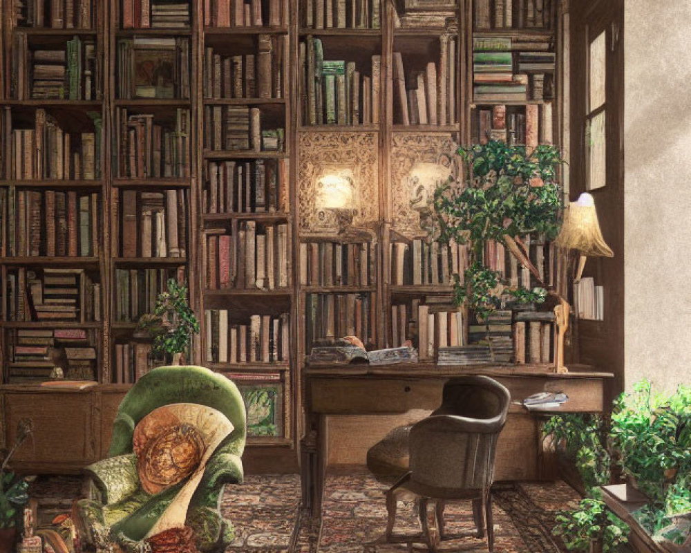 Vintage library room with towering bookshelves, work desk, armchairs, and warm lights