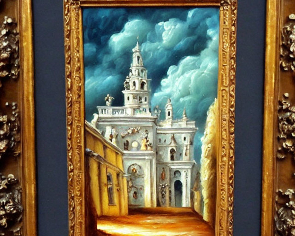 Ornate Gold Frame Surrounds Baroque Church Painting