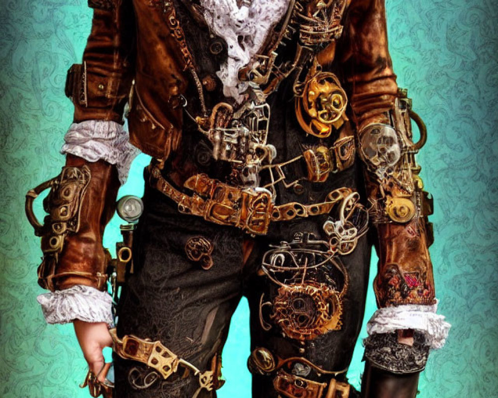 Steampunk-themed person in leather jacket with gears and lace.