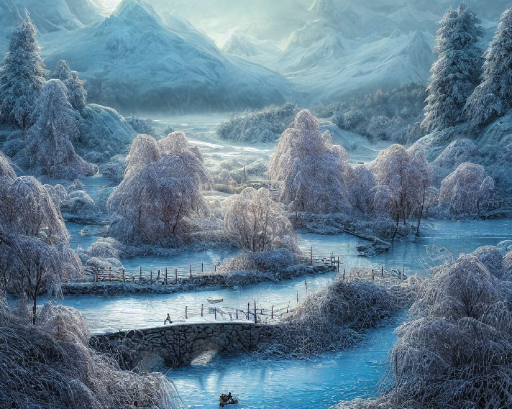 Snowy winter landscape with icy river, bridge, snow-covered trees, and mountains