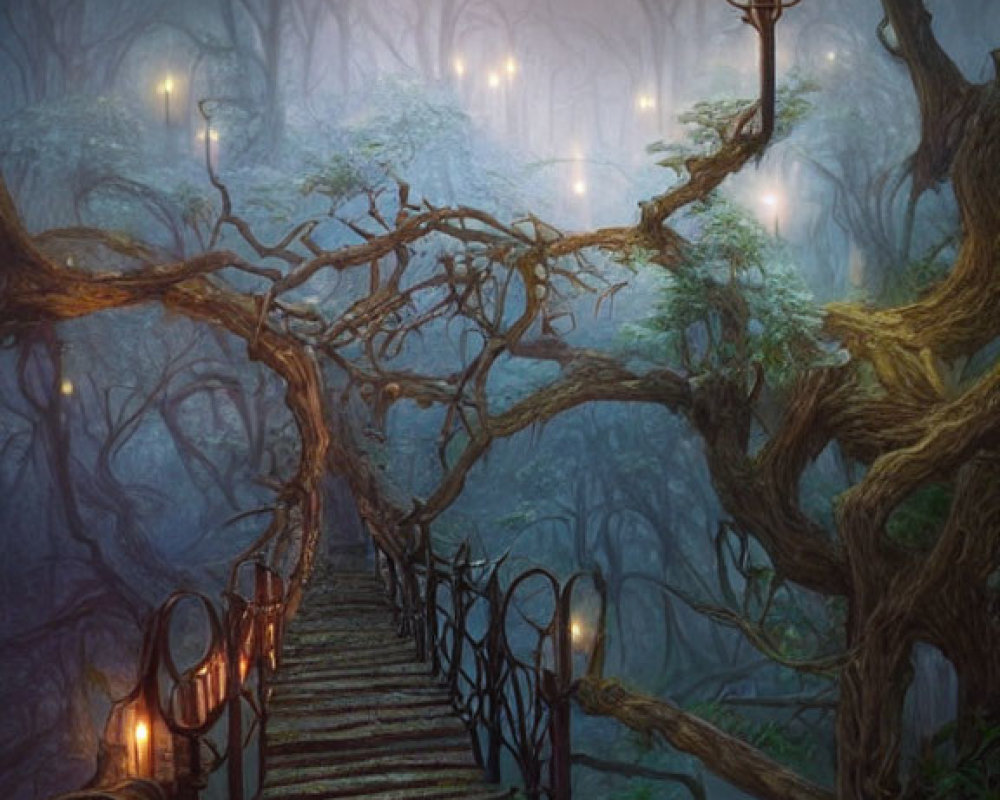 Ethereal forest with wooden bridge and glowing lanterns