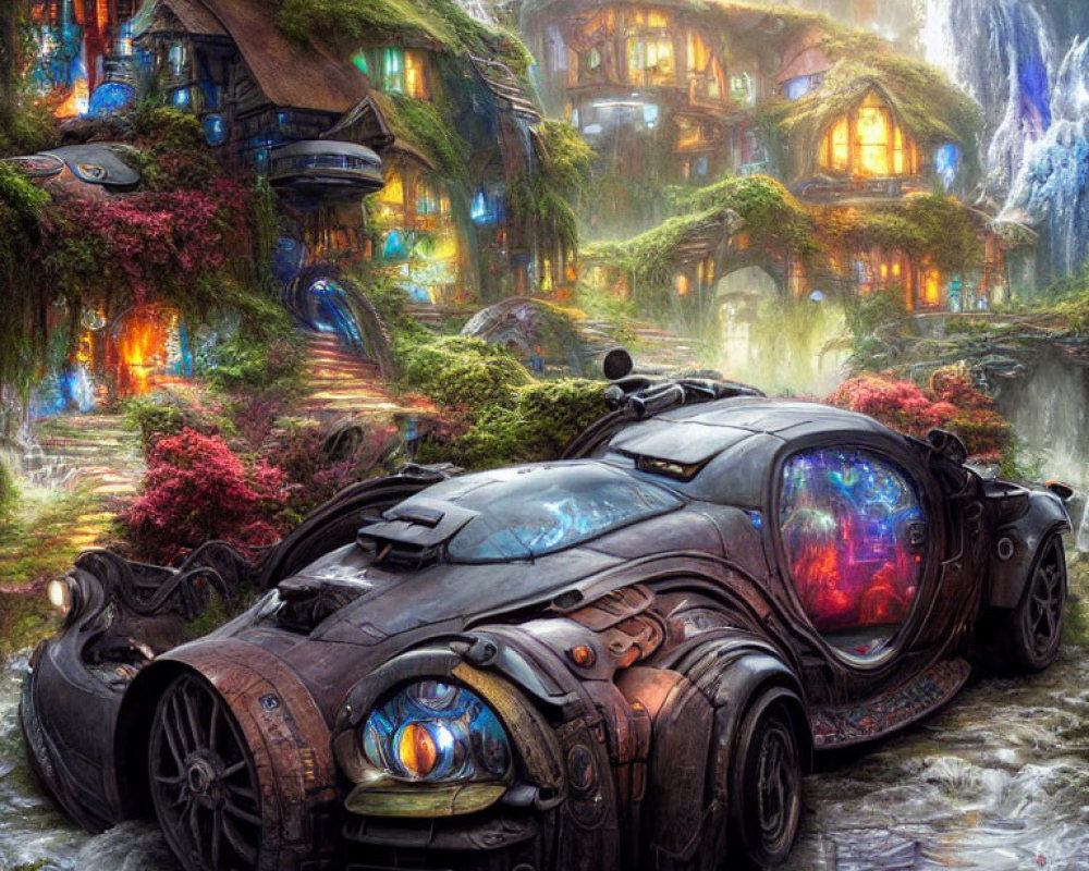 Futuristic car in enchanted forest with mystical houses and waterfalls