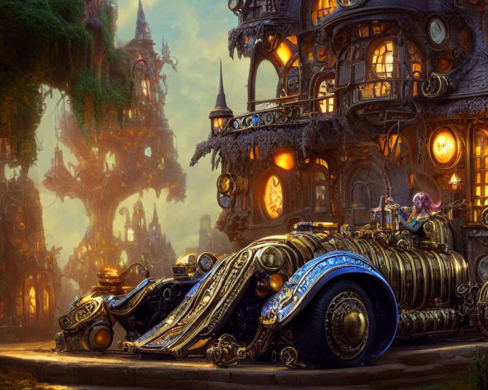 Fantasy steampunk scene with vintage car, floating islands, and glowing lights at dawn or dusk