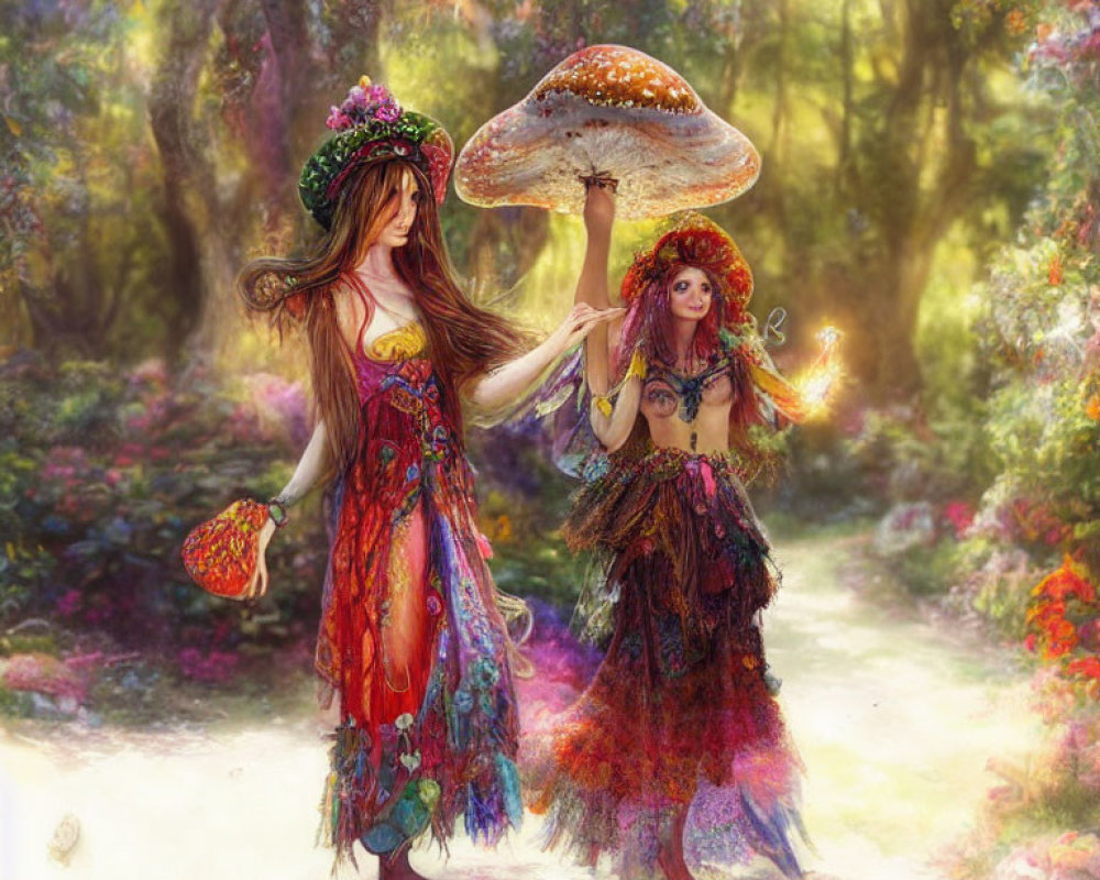 Colorful Female Figures Carrying Oversized Mushrooms in Enchanted Forest