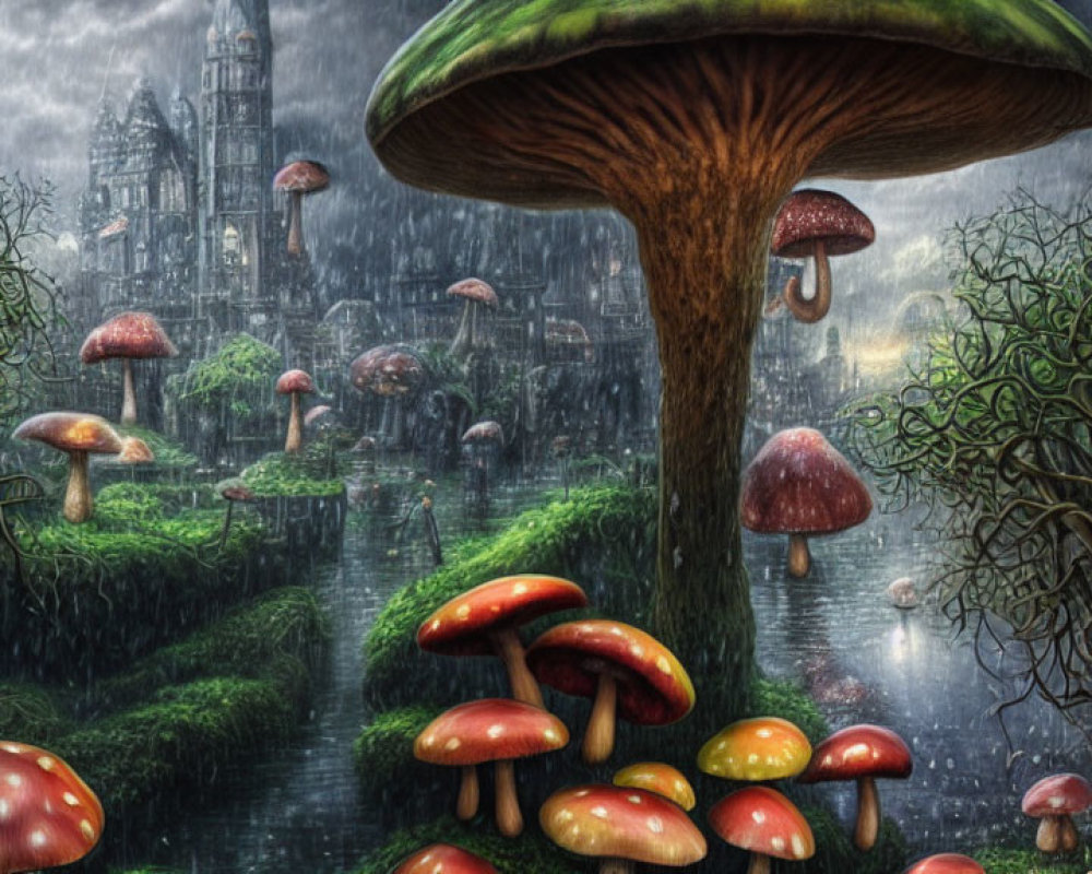 Mystical rainy forest with vibrant oversized mushrooms and gothic castle