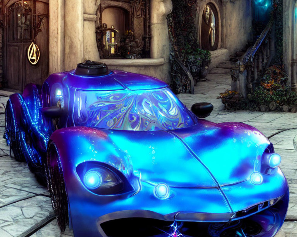 Fantasy-inspired car with glowing blue accents in whimsical courtyard