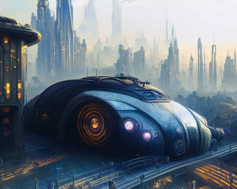 Futuristic cityscape with towering skyscrapers and sleek blue vehicle