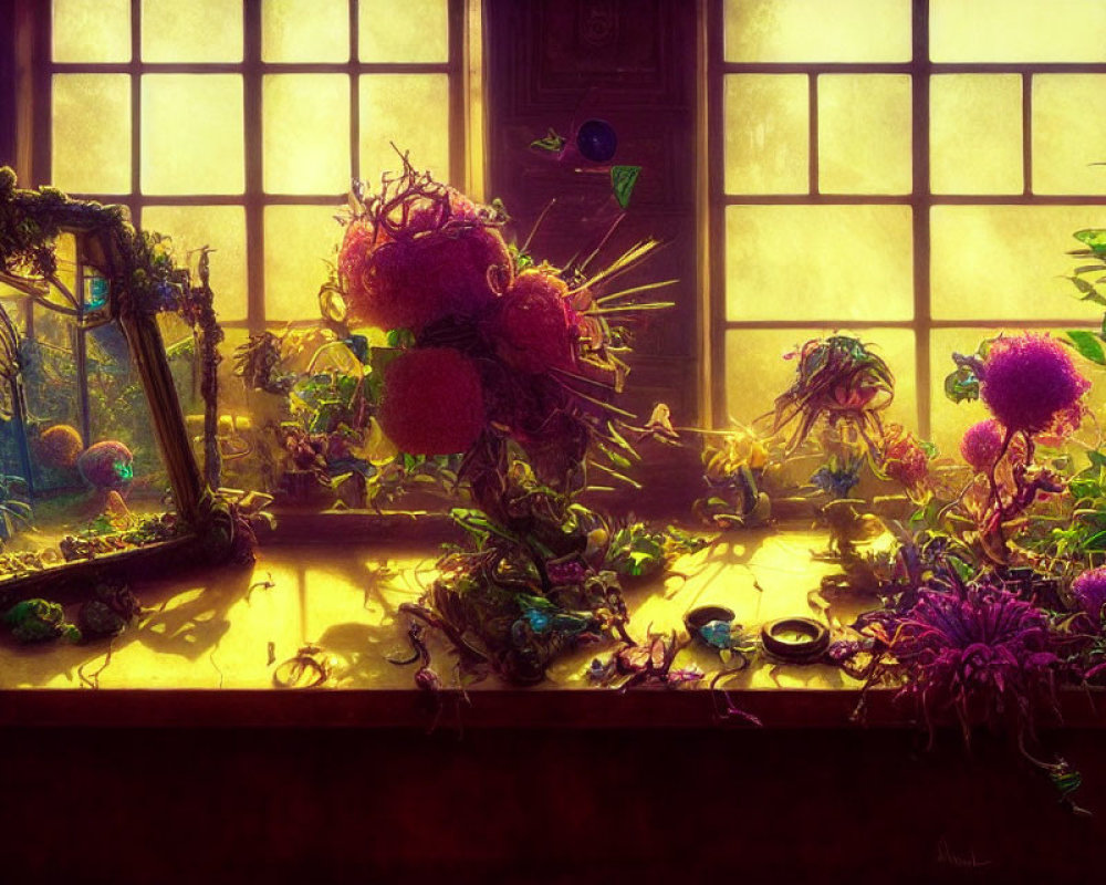 Sunlit Room with Overgrown Flowers and Empty Frame