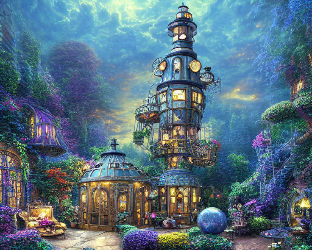 Whimsical garden with ornate clock in soft dusk light