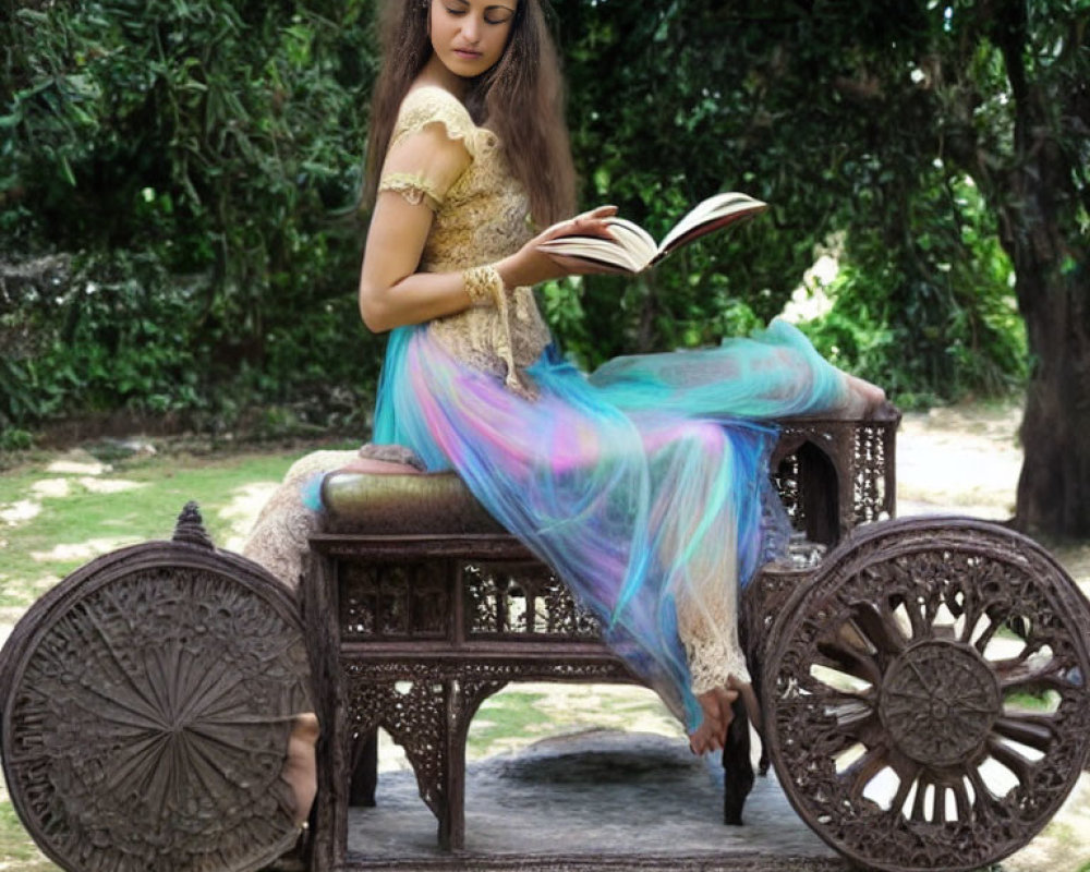 Woman reading book on vintage wooden seat in lush garden