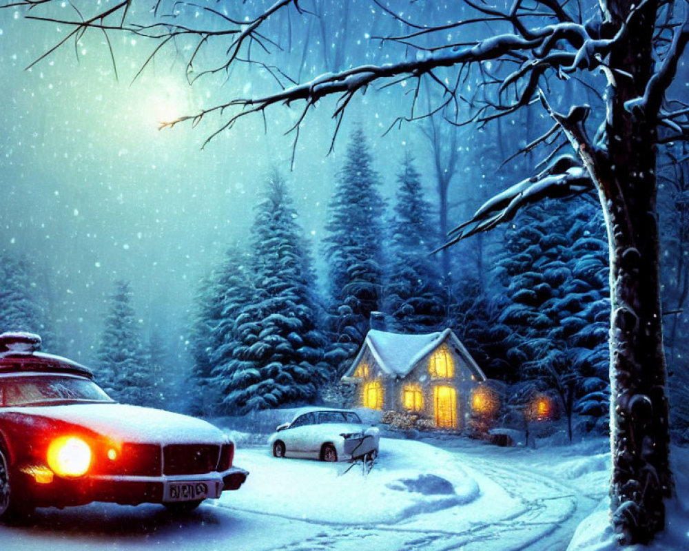 Winter Twilight: Snowy Cabin, Cars, Forest Sky