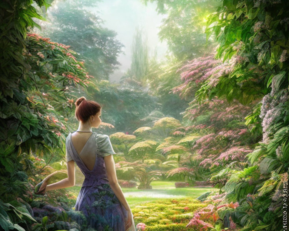 Woman in purple dress admires lush garden with vibrant flowers and foliage in soft light.