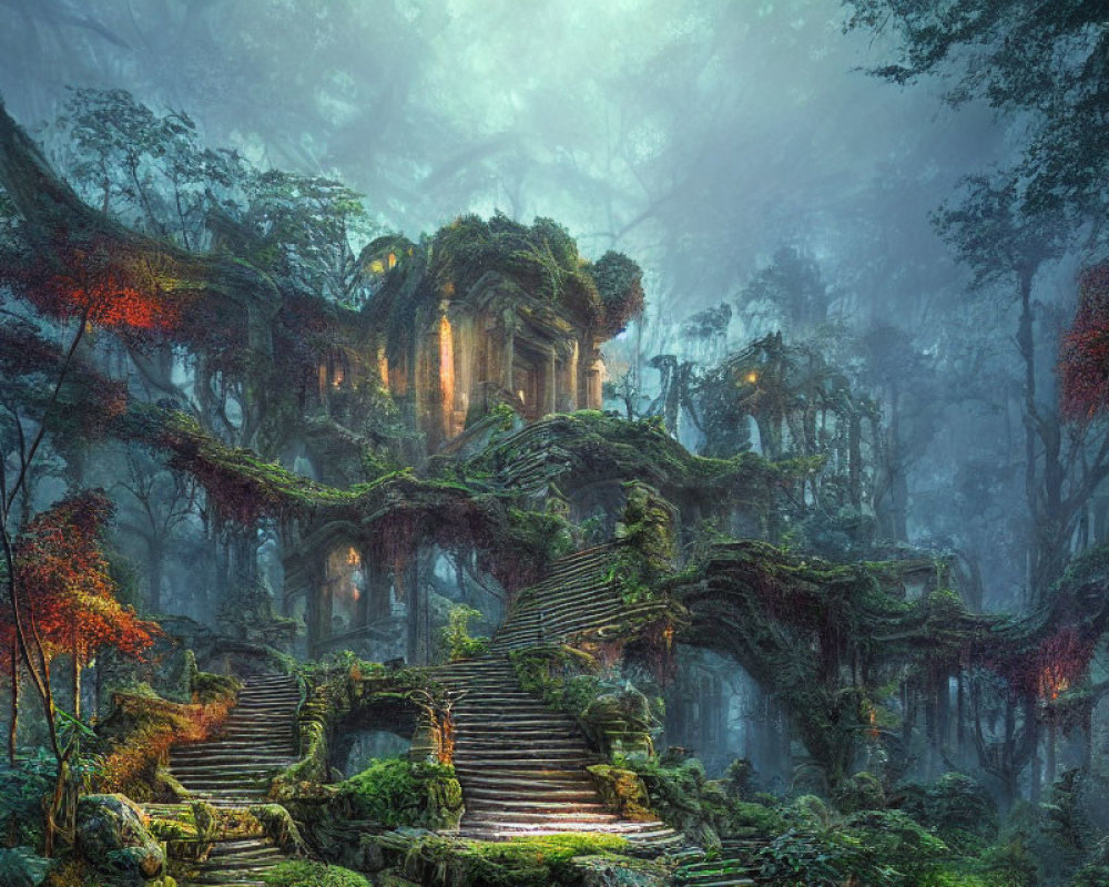 Overgrown temple in misty forest with ivy-covered trees