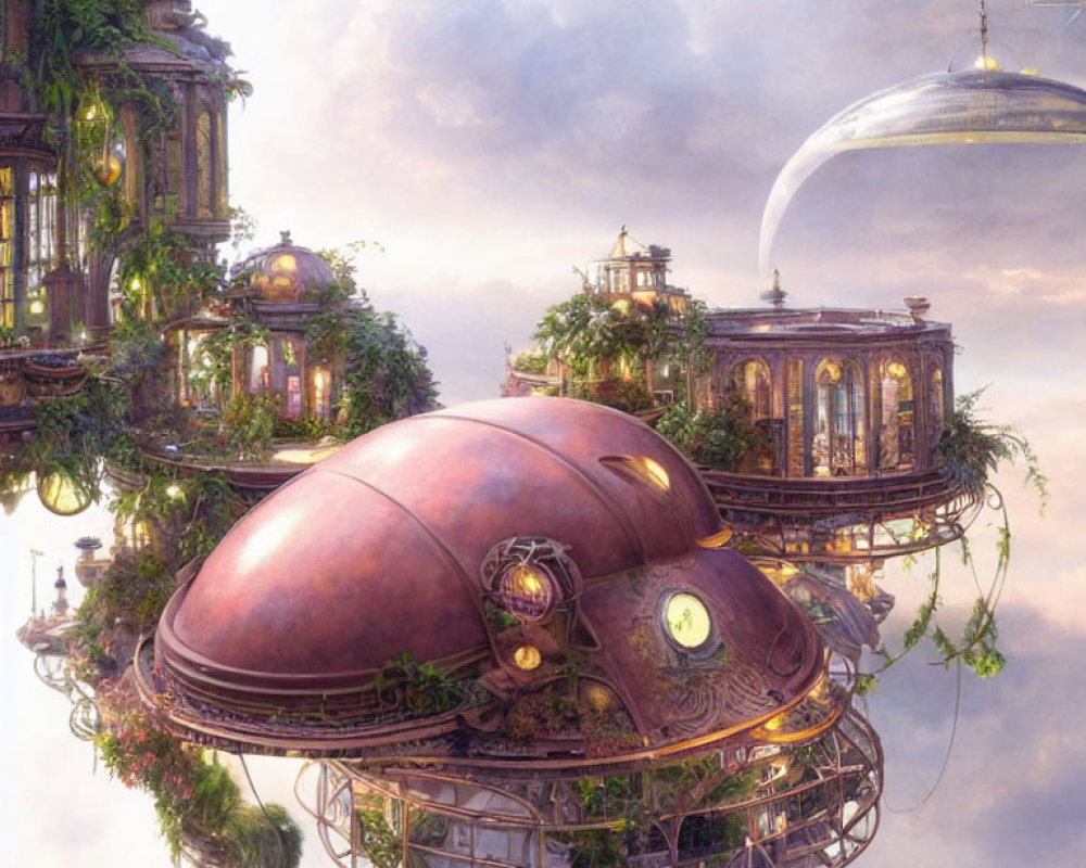 Steampunk-inspired floating city with Victorian buildings and futuristic airships.