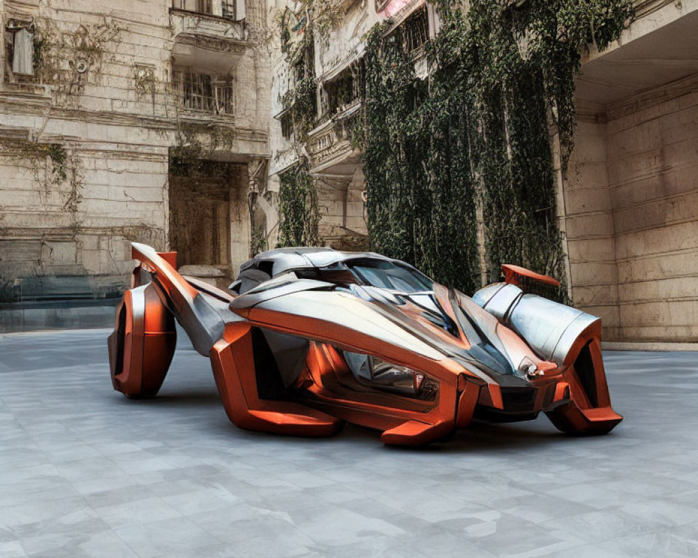 Futuristic orange and silver sports car in courtyard with old buildings