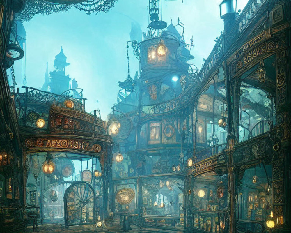 Detailed steampunk cityscape with metalwork, lanterns, gears, and blue haze