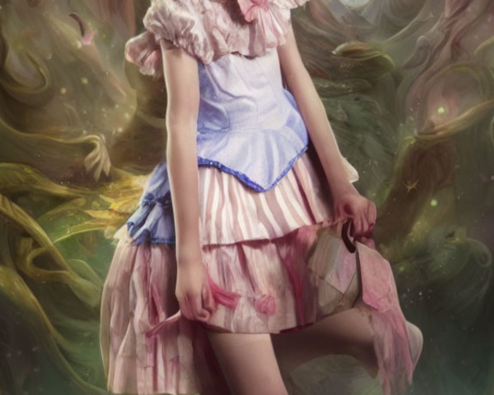 Young girl in pink ruffled dress and blue apron in whimsical setting