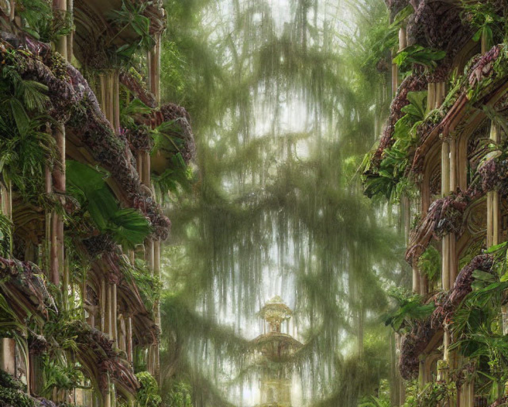 Verdant fantastical greenhouse with towering plant shelves, water feature, hanging moss, and soft filtered