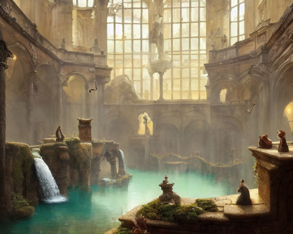 Grand atrium with classical architecture, waterfalls, pools, people, and birds in sunlit indoor