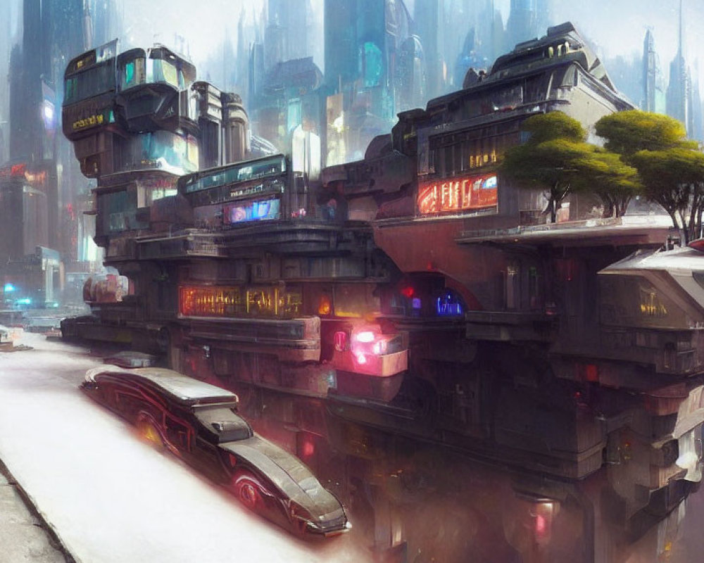 Neon-lit futuristic cityscape with advanced vehicles and layered architecture