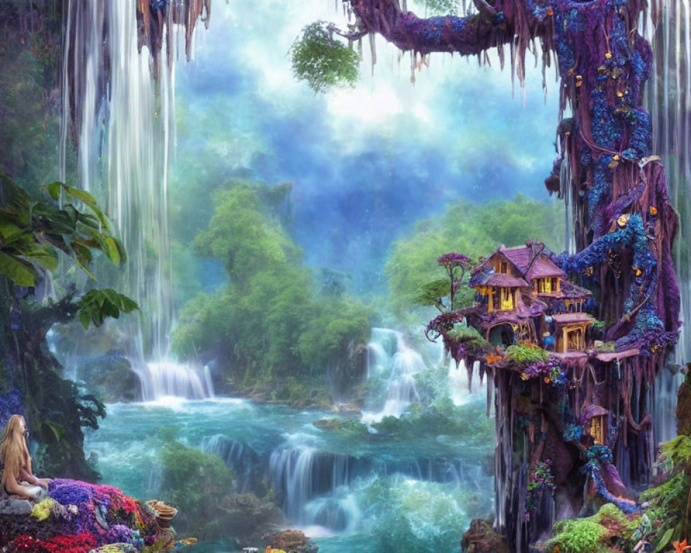 Lush Greenery and Whimsical Treehouse in Fantastical Waterfall Landscape