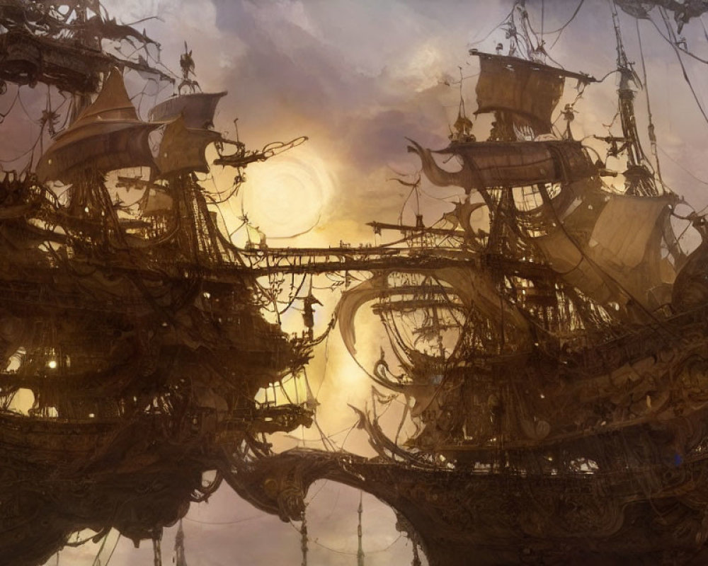 Detailed Old Ships Floating in Air Against Mystical Glowing Backdrop